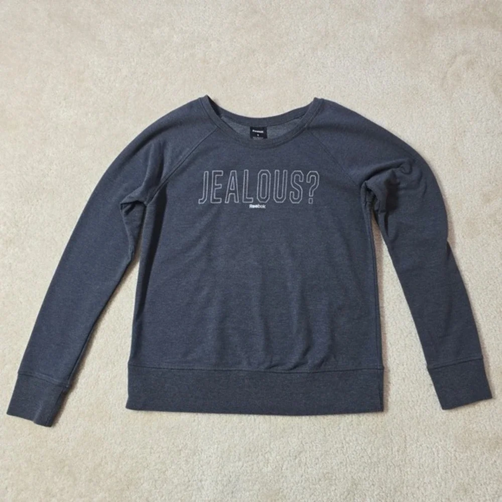 Reebok Womens Jealous Graphic Sweatshirt Charcoal Gray Raglan Pullover Small - Picture 3 of 6